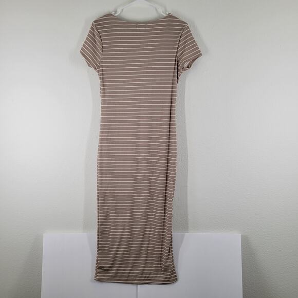 Faded Rose Midi Dress Womens Large Tan White Strip Side Slit Classic Bodycon - Picture 6 of 9